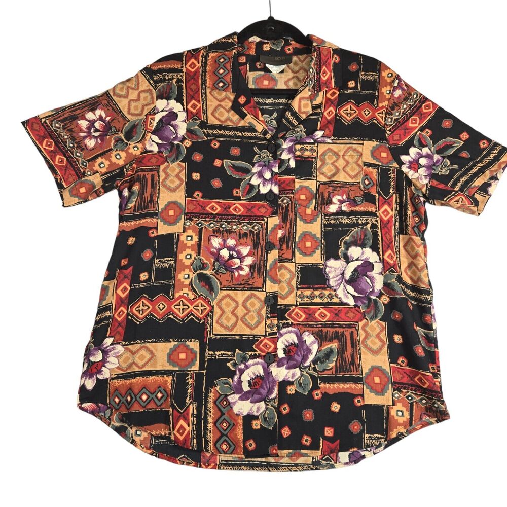 Vintage Solei Hawaiian Shirt Medium Multicolor Floral Short‎ Sleeve Fall Colors